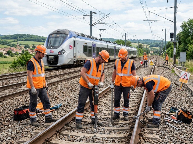 Agents et techniciens en intervention de sécurité sur voie ferroviaire